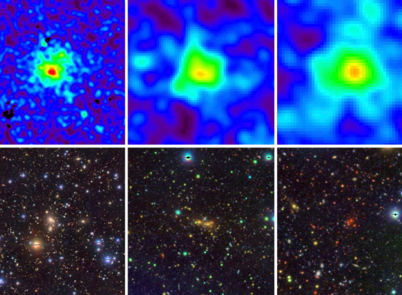 Imágenes ópticas de rayos X y pseudocolor de tres cúmulos de galaxias de baja masa estudiados por el instrumento eROSITA.