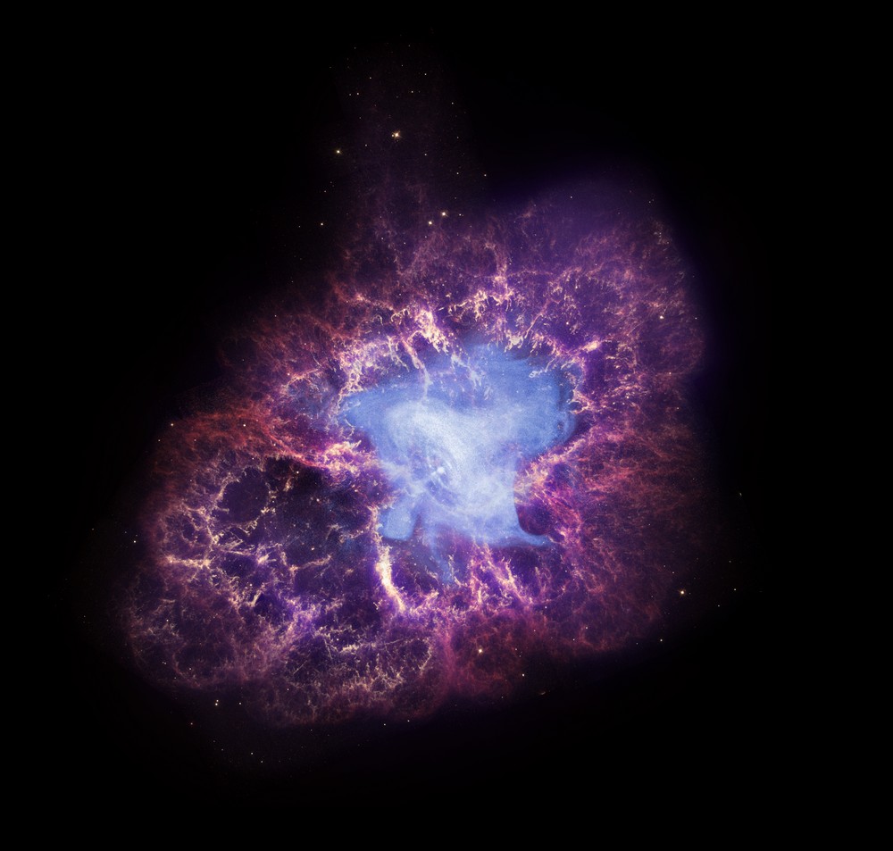 Una supernova, observada en la Tierra en 1054, produjo una estrella de neutrones, lanzando chorros desde el campo de escombros conocido como Nebulosa del Cangrejo.
